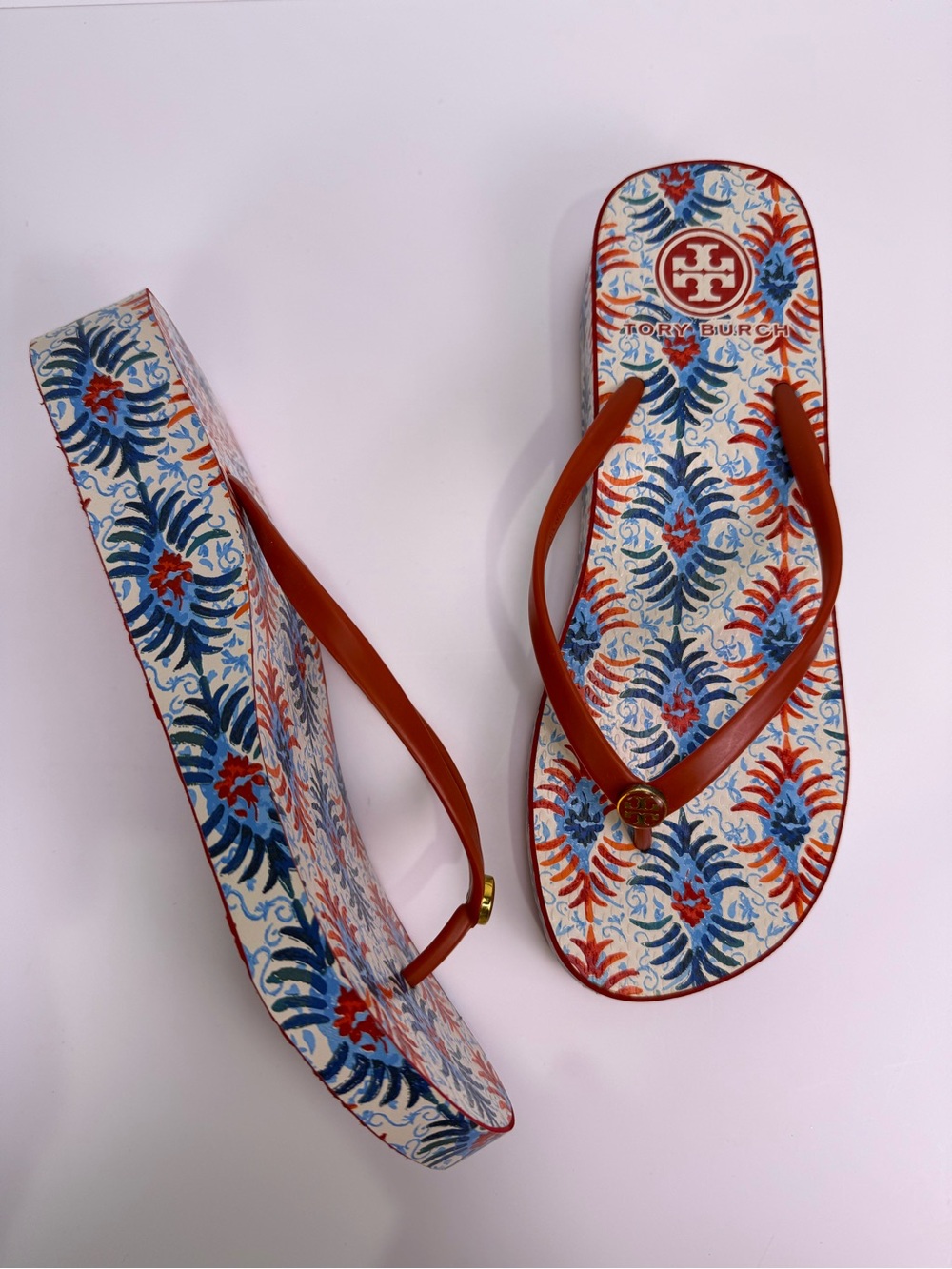 Tory Burch Printed Wedge Flip Flops Red Blue Floral Platform Sandals Size 11